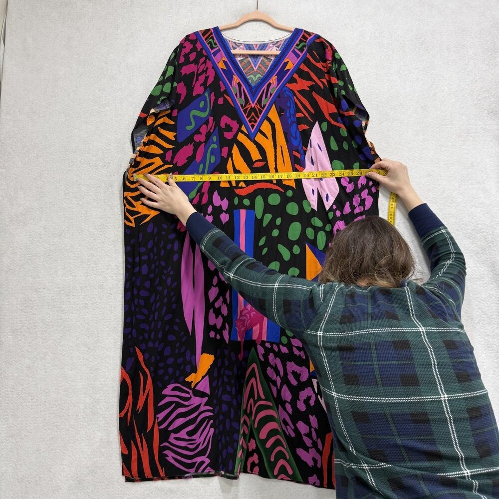 Animal Print Kaftan Dress Womens One Size Multicolor V Neck Boho Maxi Flowy - Picture 3 of 5